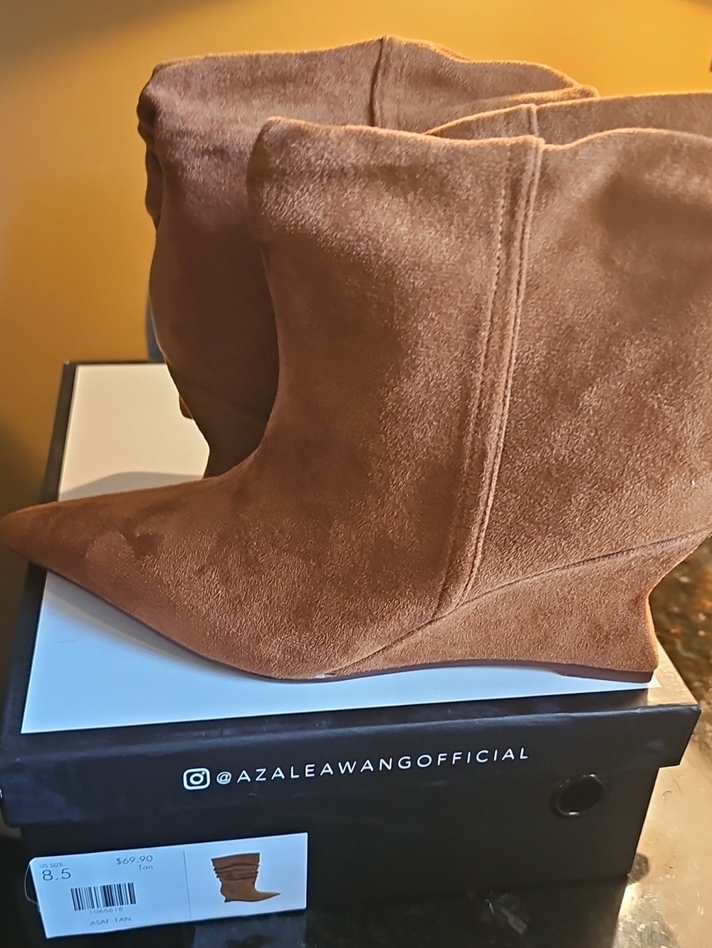 Azalea Wang Women's Faux Tan Suede Slouch Pointed-Toe Wedge Booties